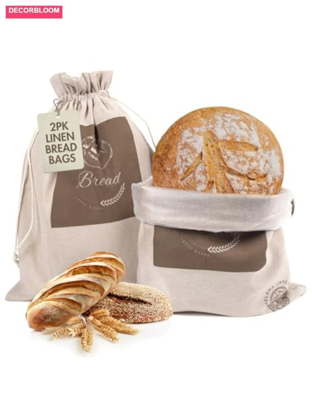 Reusable Linen Bread Bags with Drawstring (2 Pack, XL) - Large Food Storage for